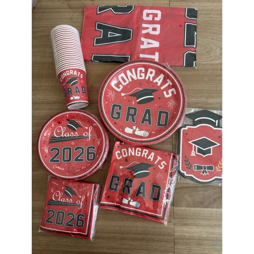 Class of 2026 Graduation Party Supplies Banner Plates Cups Napkins Decor Set Red
